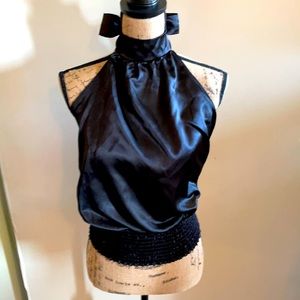 Black silky tie halter top